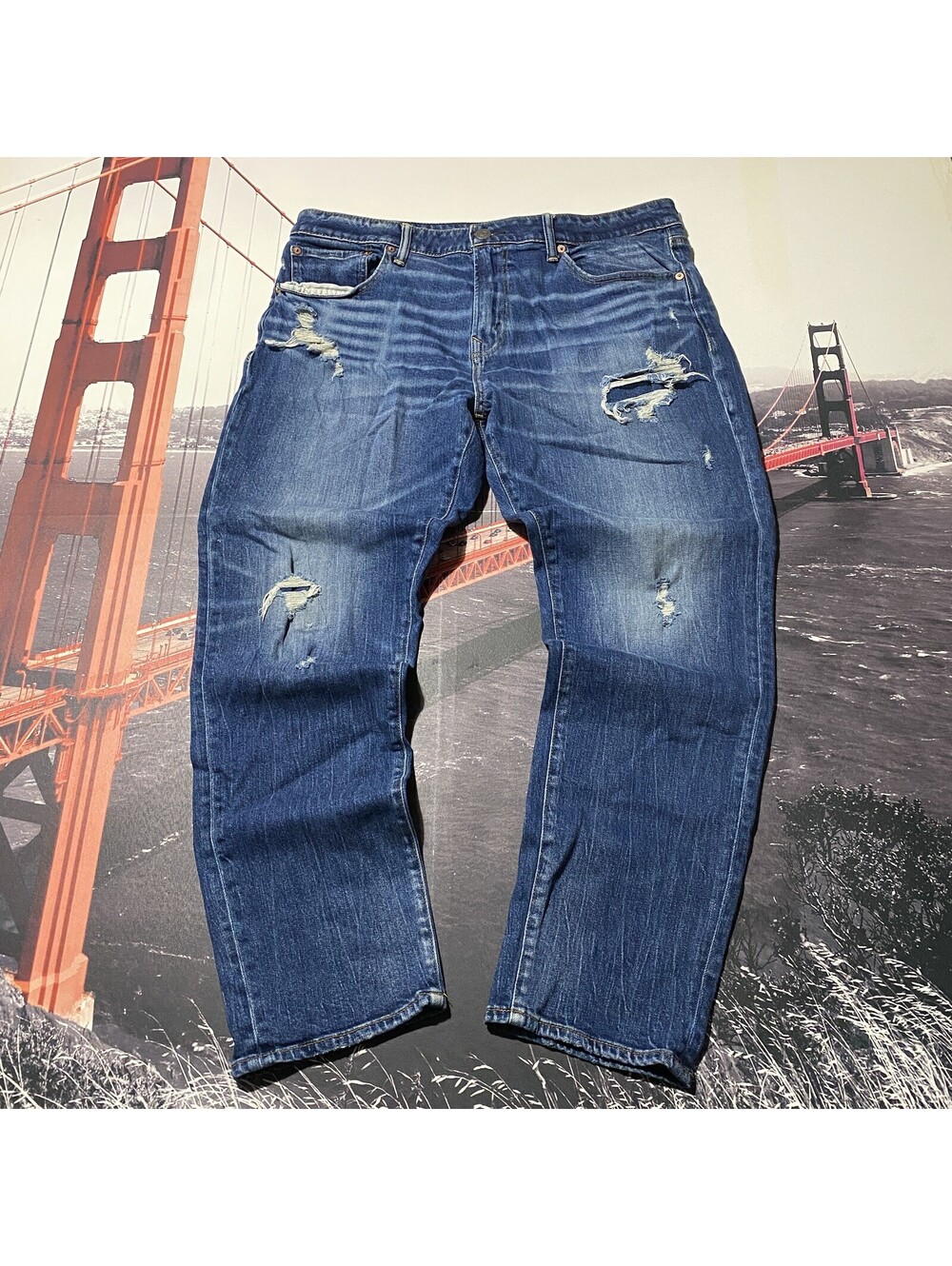 American Eagle Airflex Athletic Men's Size 36x30 Blue Distressed Ripped Jeans